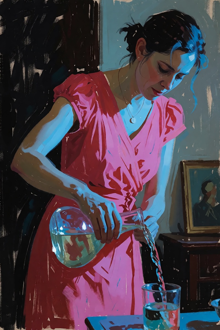 The image depicts a woman in a vibrant pink dress,  leaning forward as she pours a liquid from a glass flask into another...