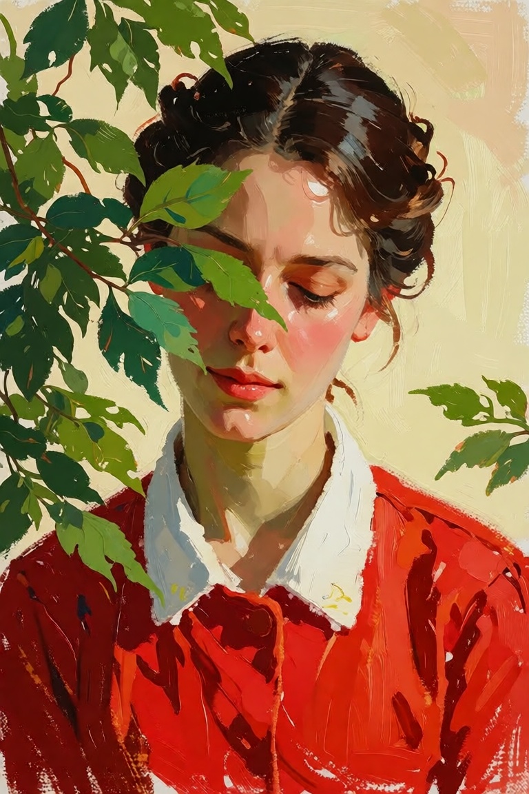 The image depicts a painting of a woman with a contemplative expression. She is dressed in a vibrant red garment with a wh...