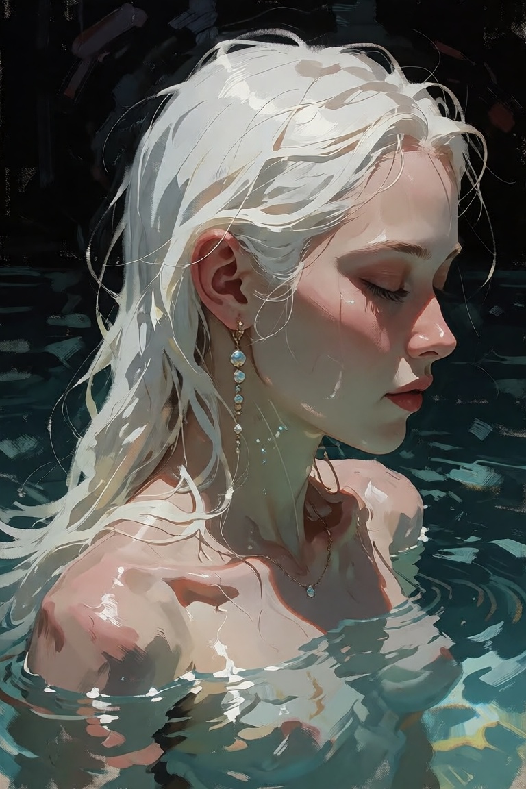 The image depicts a serene and ethereal scene with a person submerged in water. The individual has long,  flowing white ha...