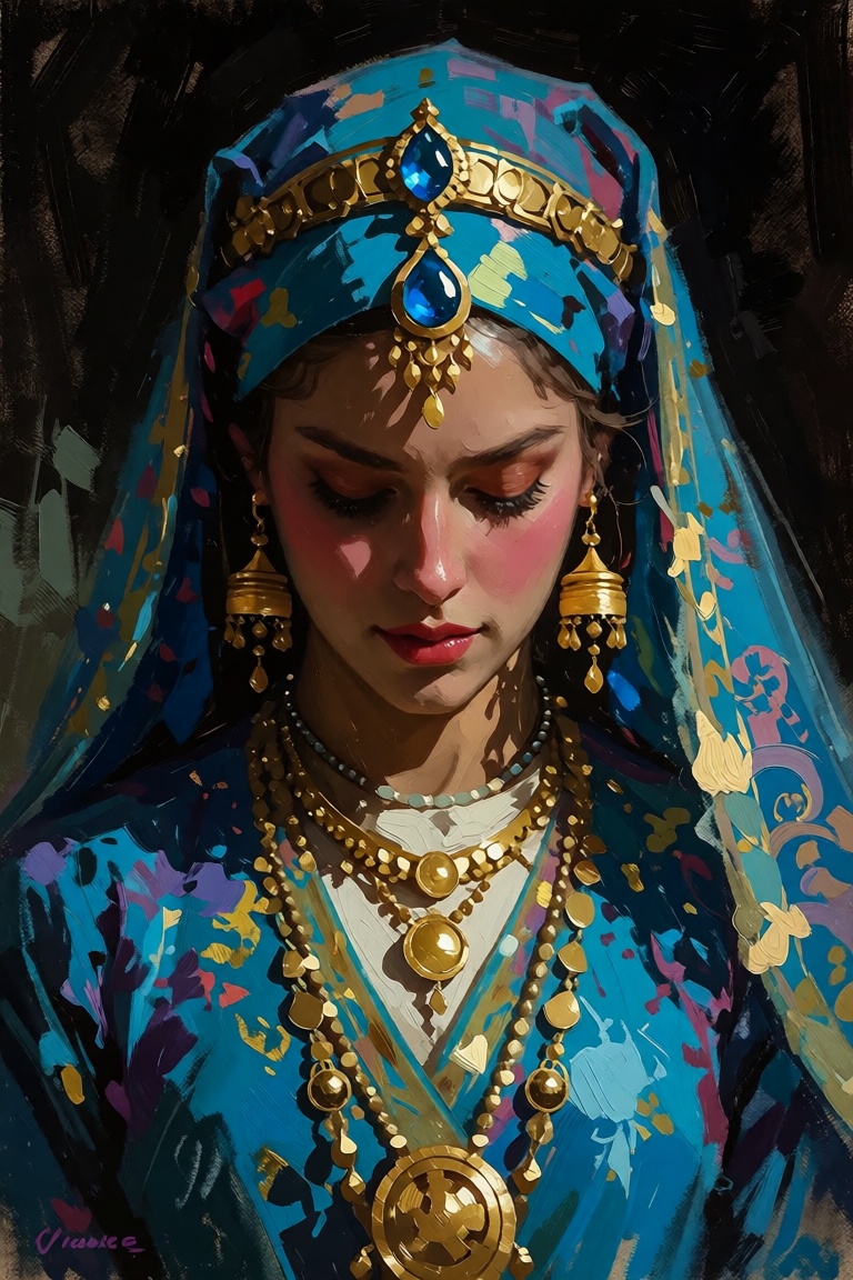 The image depicts a person adorned in elaborate traditional attire. The individual is wearing a richly decorated blue garm...