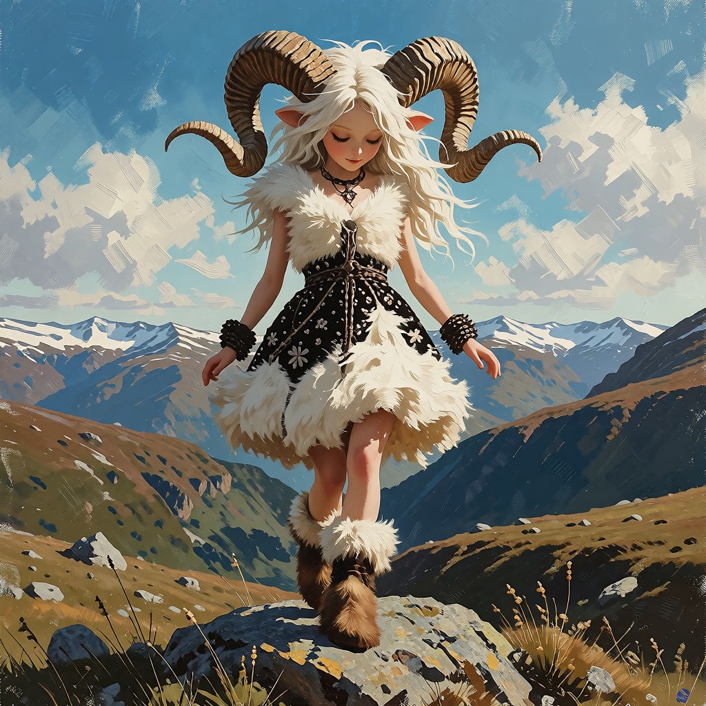 The image depicts a fantastical woman resembling a ram or shepherdess with large,  spiraled horns and long,  flowing white...