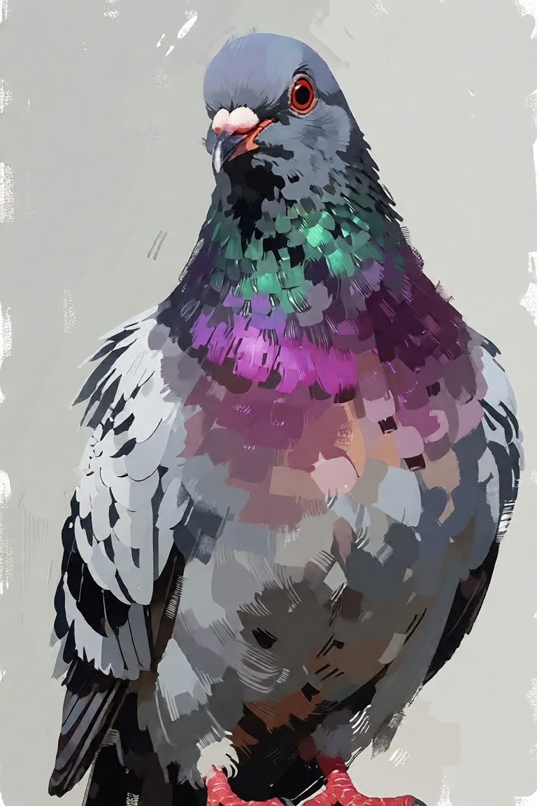 The image depicts a pixelated pigeon with a plump body,  featuring a mix of gray,  white on Tensor.Art