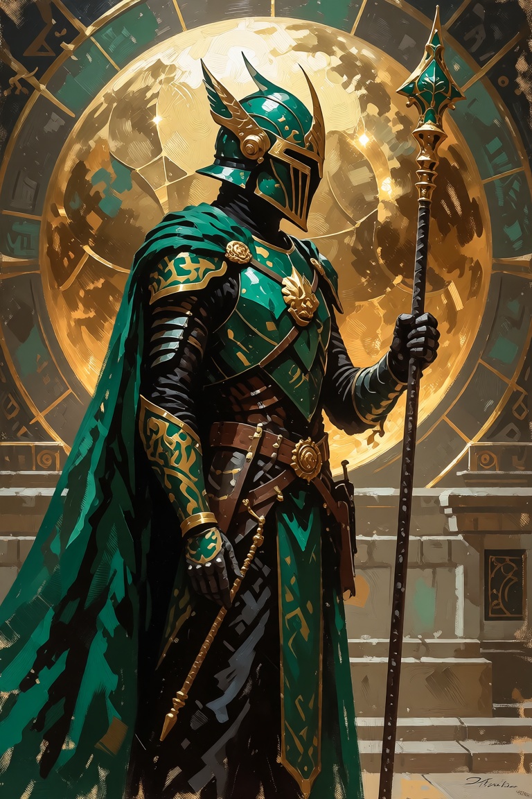 The image depicts a figure standing in a grand,  mystical setting. The character is adorned in elaborate green and gold ar...