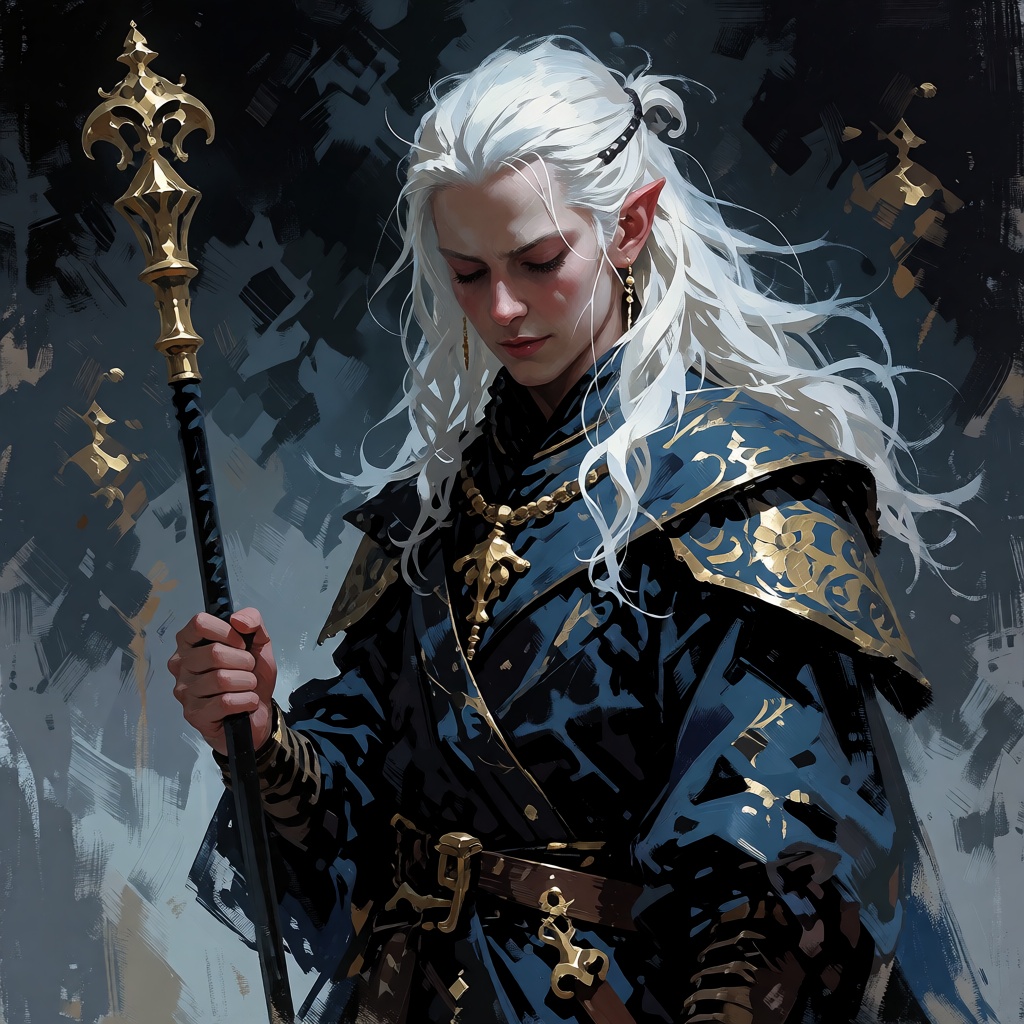 The image depicts a fantasy character with long,  flowing white hair and pointed ears,  suggesting an elven or similar rac...