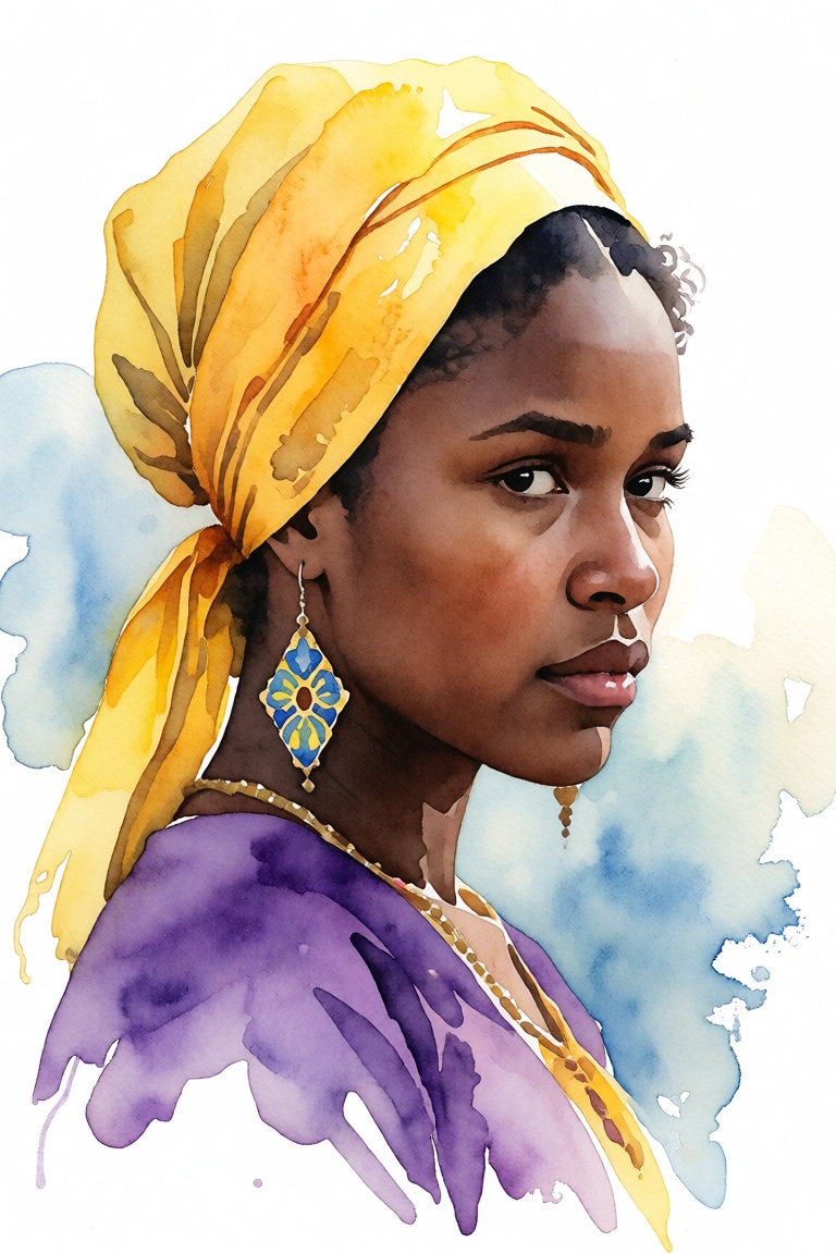 The image depicts a watercolor painting of a woman. She is wearing a bright yellow headscarf and a purple garment. Her ear...