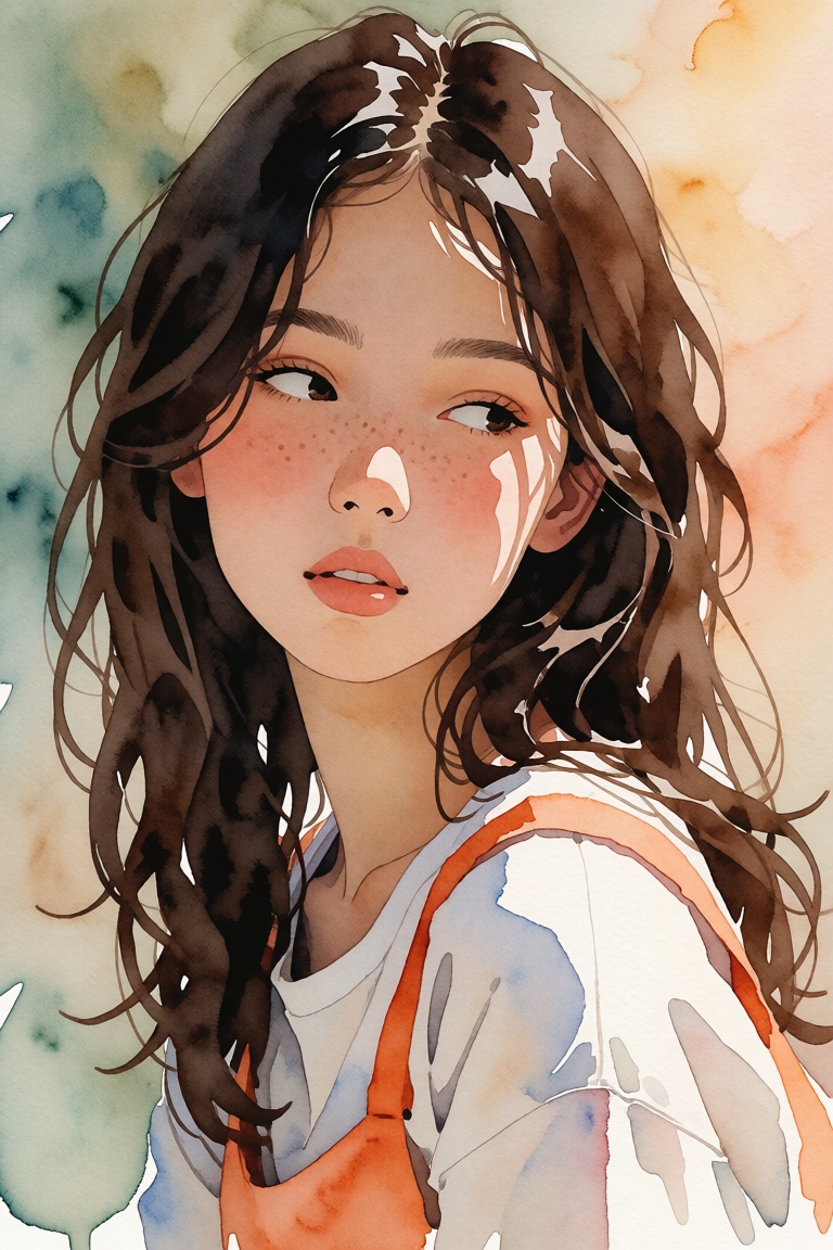 The image depicts a watercolor painting of a young woman with long,  wavy brown hair. She is wearing a white garment with...