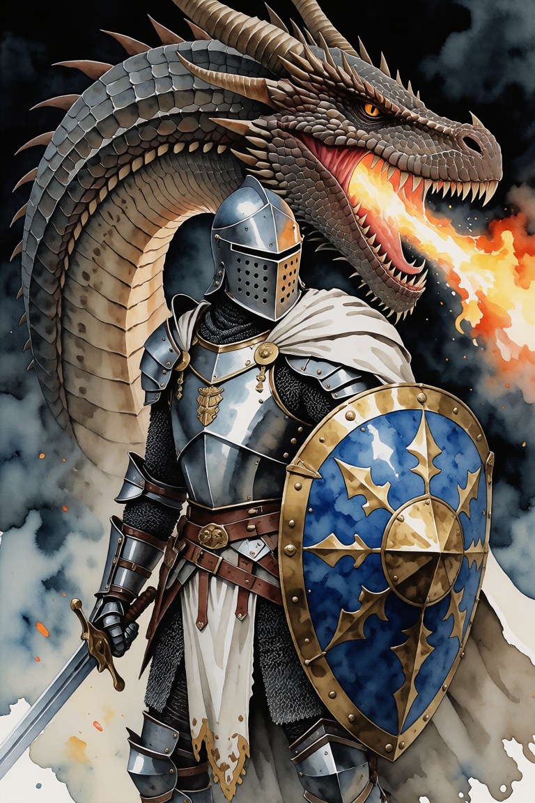 The image depicts a knight standing in a dramatic pose,  clad in ornate armor that includes a blue helmet,  a detailed che...