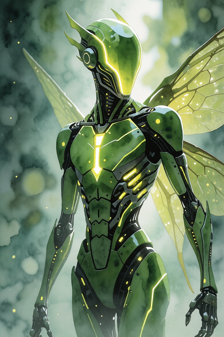 The image depicts a fantastical,  ethereal figure that appears to be a fusion of nature and technology. The figure is pred...