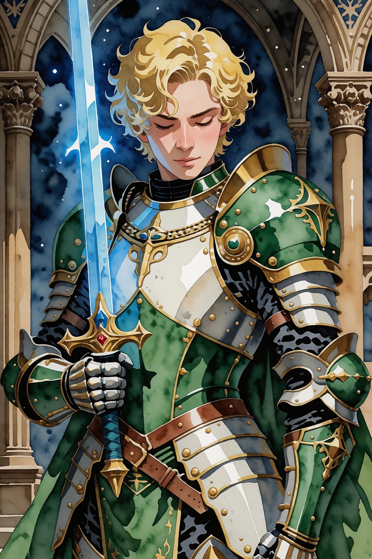The image depicts a fantasy-themed artwork featuring a character dressed in elaborate,  ornate armor. The character has sh...