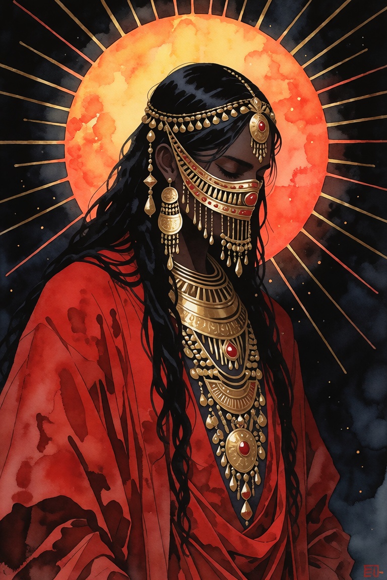 The image depicts a figure adorned in elaborate,  golden jewelry and a flowing,  deep red garment. The figure has long on...