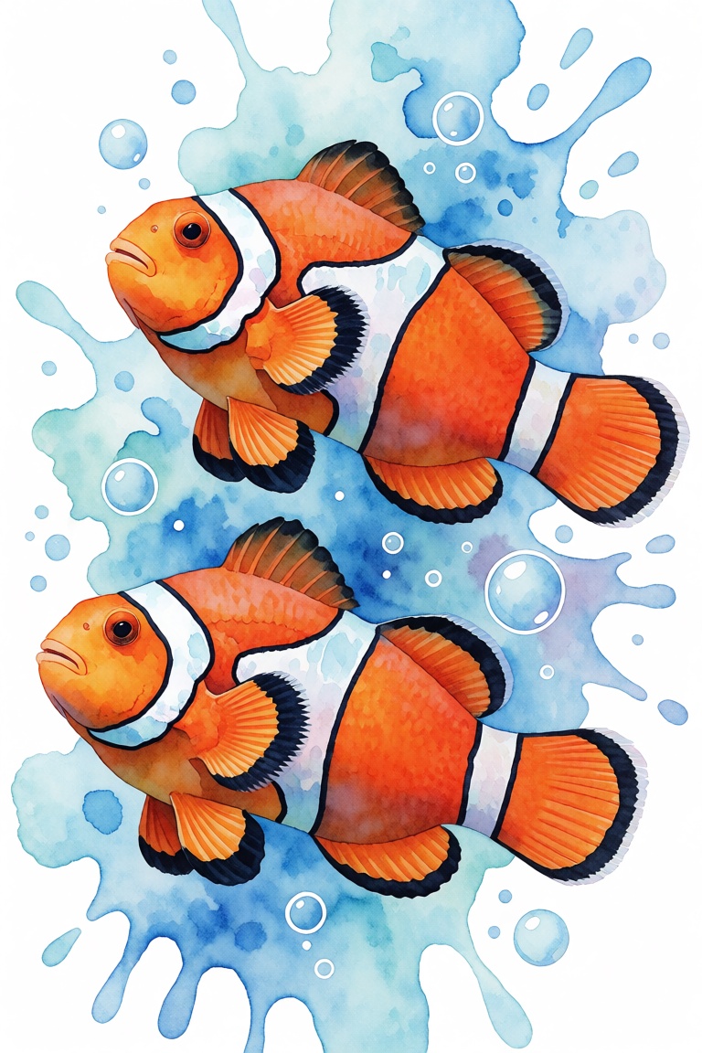 The image depicts two vibrantly colored clownfish swimming in a water environment. The fish have distinctive orange and wh...
