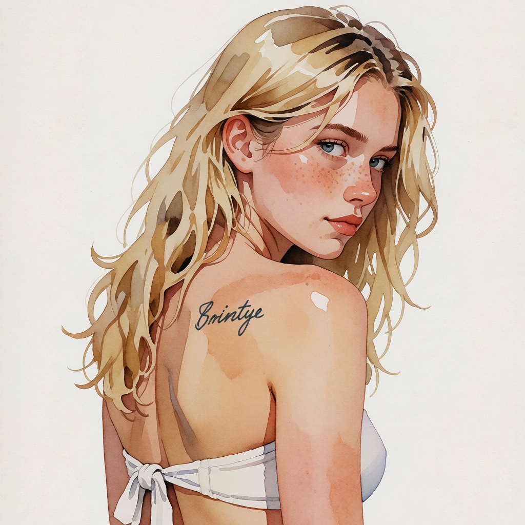 The image depicts a young woman with long,  wavy blonde hair. She is wearing a white strapless top with a tie at the back....