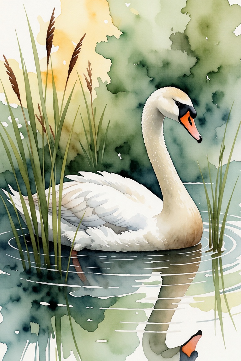 The image depicts a serene scene of a swan gracefully floating on a calm body of water. The swan is white with a black bea...