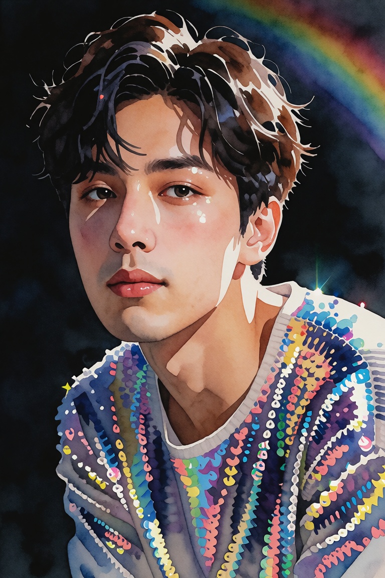 The image depicts a young man with dark,  tousled hair and a light complexion. He is wearing a shimmering,  sequined garme...