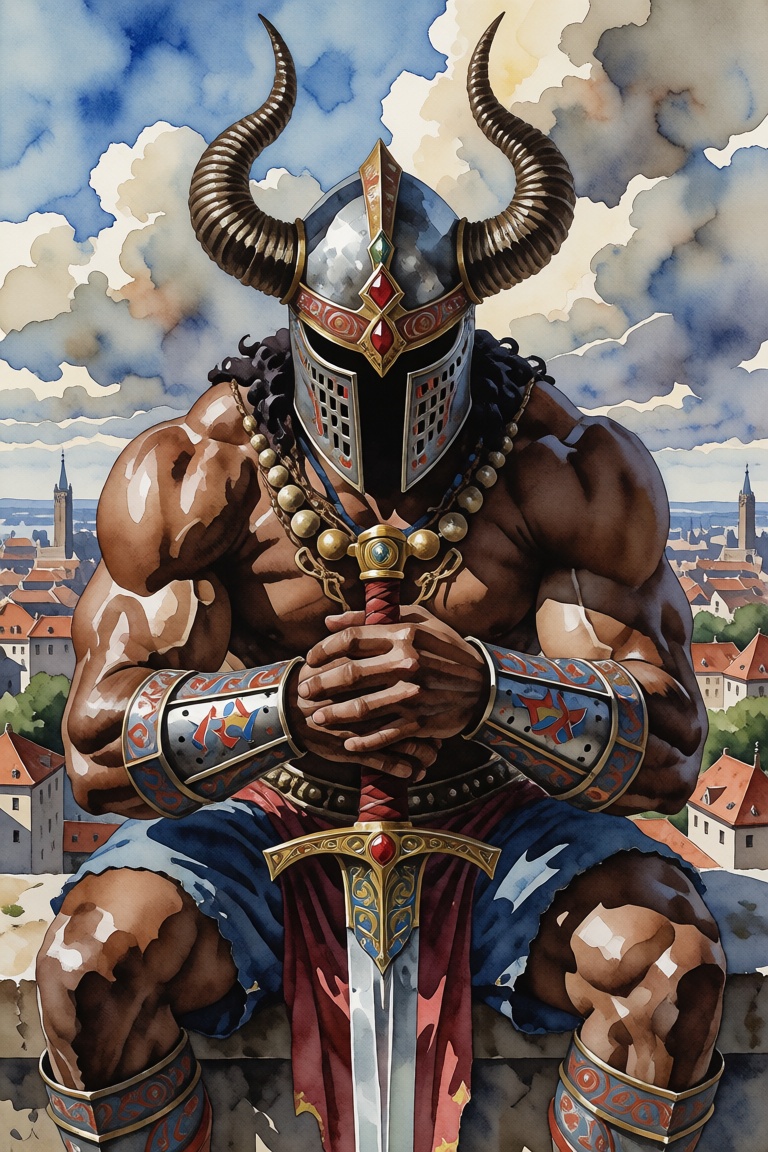 The image depicts a muscular figure with intricate armor,  sitting on a high platform overlooking a cityscape. The charact...