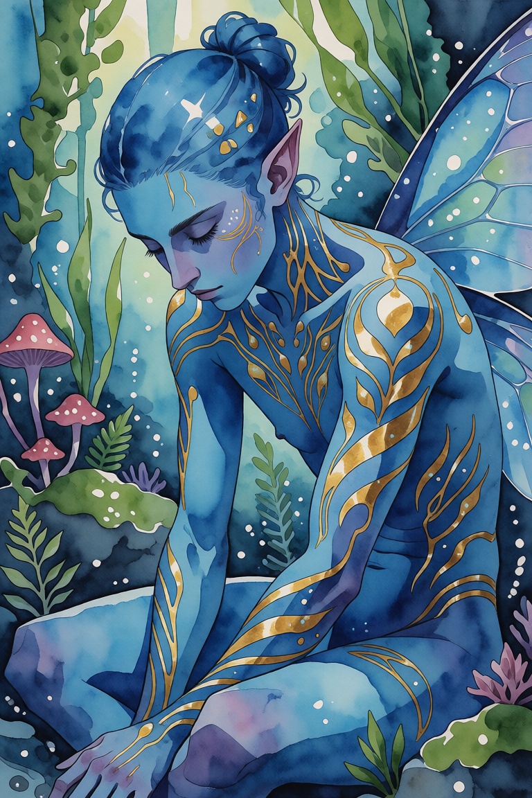 The image depicts a fantastical scene with a blue-skinned figure sitting in a serene aquatic environment. The figure has d...