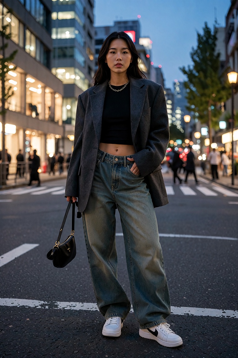 A professional street-style fashion photography of a stylish Asian woman posing in downtown Tokyo during twilight. She is...