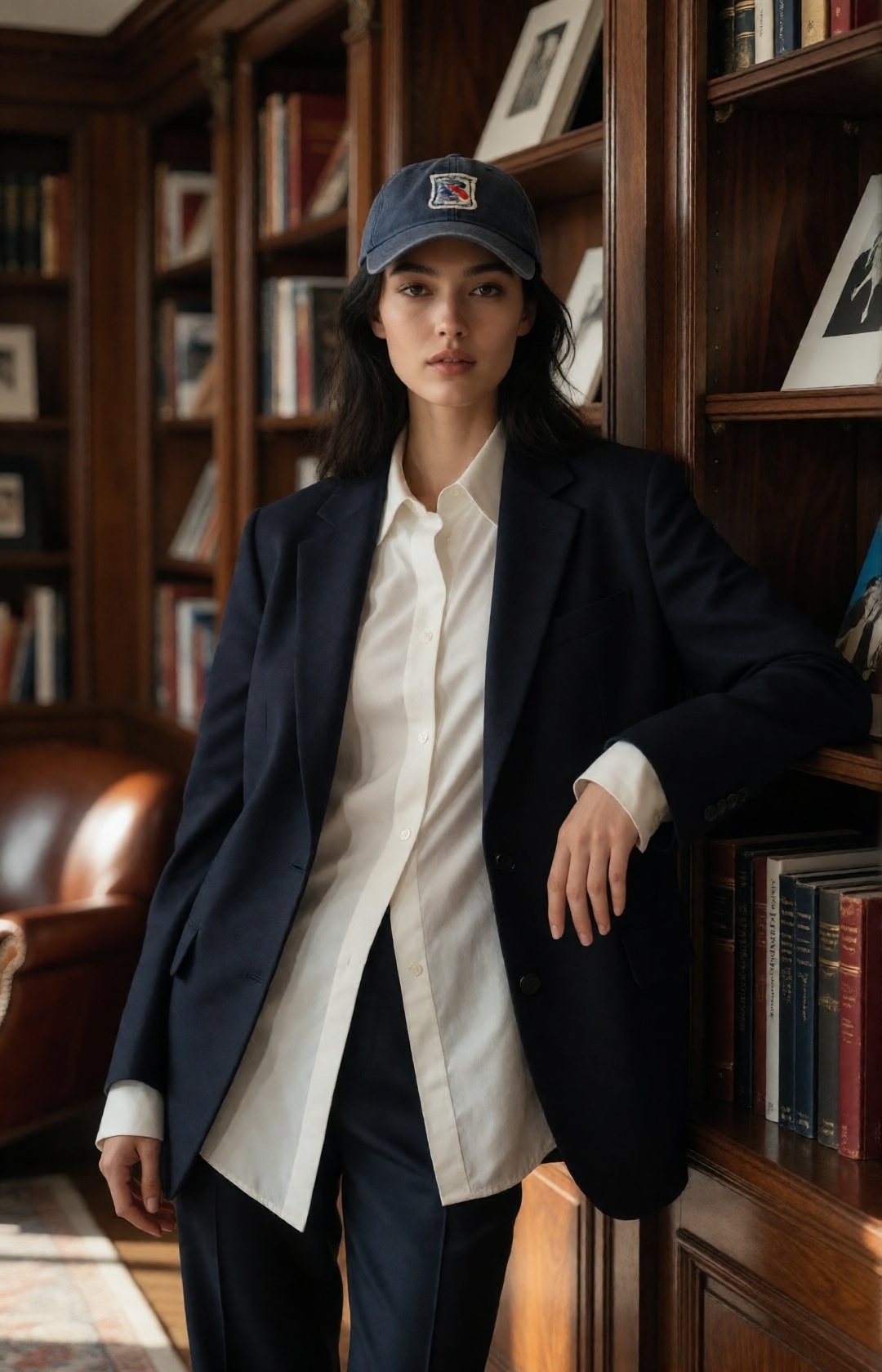 cinematic luxury fashion editorial,  upper-body to upper-thigh composition,  naturally elegant beautiful young woman on Te...