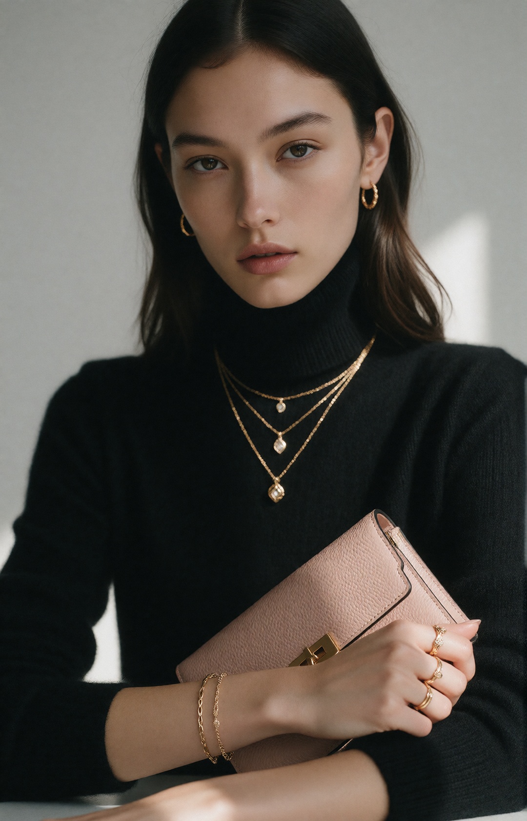 luxury jewelry editorial,  elegant upper-body portrait,  naturally elegant young woman on Tensor.Art