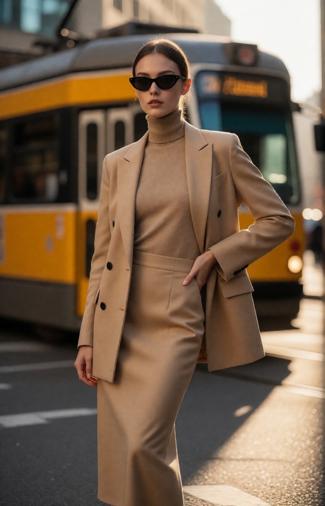 luxury minimalist street fashion editorial,  naturally elegant young woman,  harmonious facial proportions on Tensor.Art