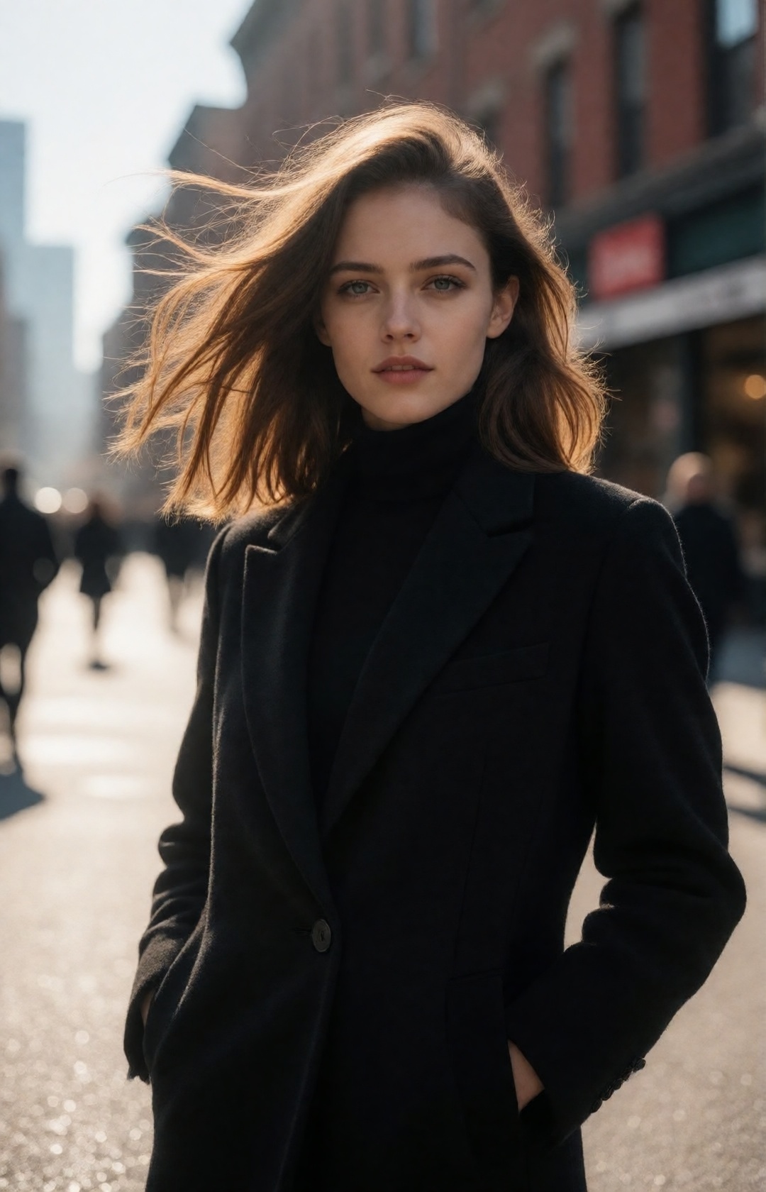 A realistic street portrait of a young woman on a breezy day,  long hair gently moving in the winter wind,  natural daylig...