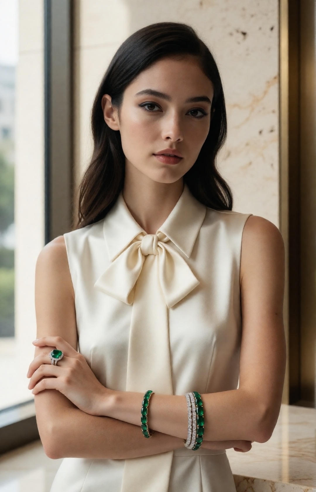 cinematic luxury jewelry fashion editorial,  upper-body portrait,  naturally elegant beautiful young woman on Tensor.Art