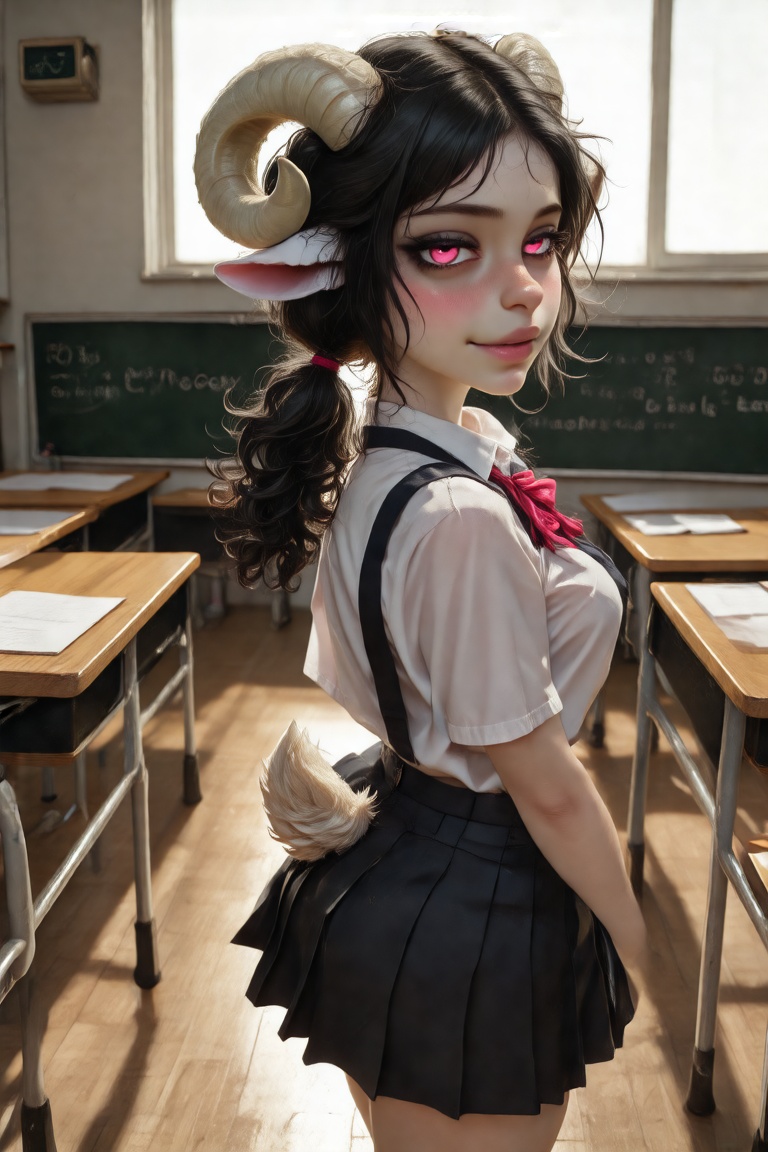A 1girl anthro sheep girl in a school uniform,  standing in a classroom during sunset,  surrounded by a soft glow on Tenso...