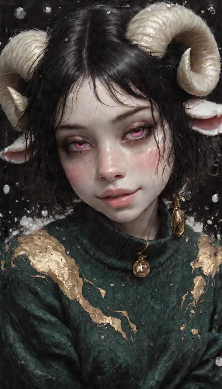 Oil painting rendered in ethereal pastels. Subject: A black haired anthro sheep woman,  with alabaster skin,  pink eyes on...
