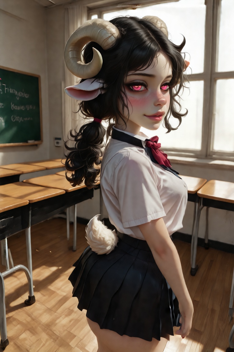 A 1girl anthro sheep girl in a school uniform,  standing in a classroom during sunset,  surrounded by a soft glow on Tenso...