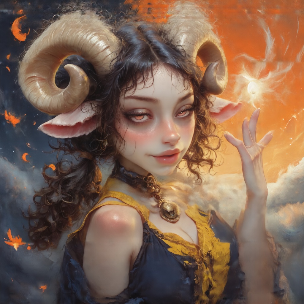 A Beautiful 2 in one image of an anthro sheep woman and dreams ,  orange ,  yellow and navy blue color pallette on Tensor.Art