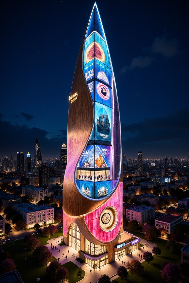 A futuristic nighttime skyline featuring a near-kilometer-tall skyscraper rising like a sacred urban monument. The tower’s...