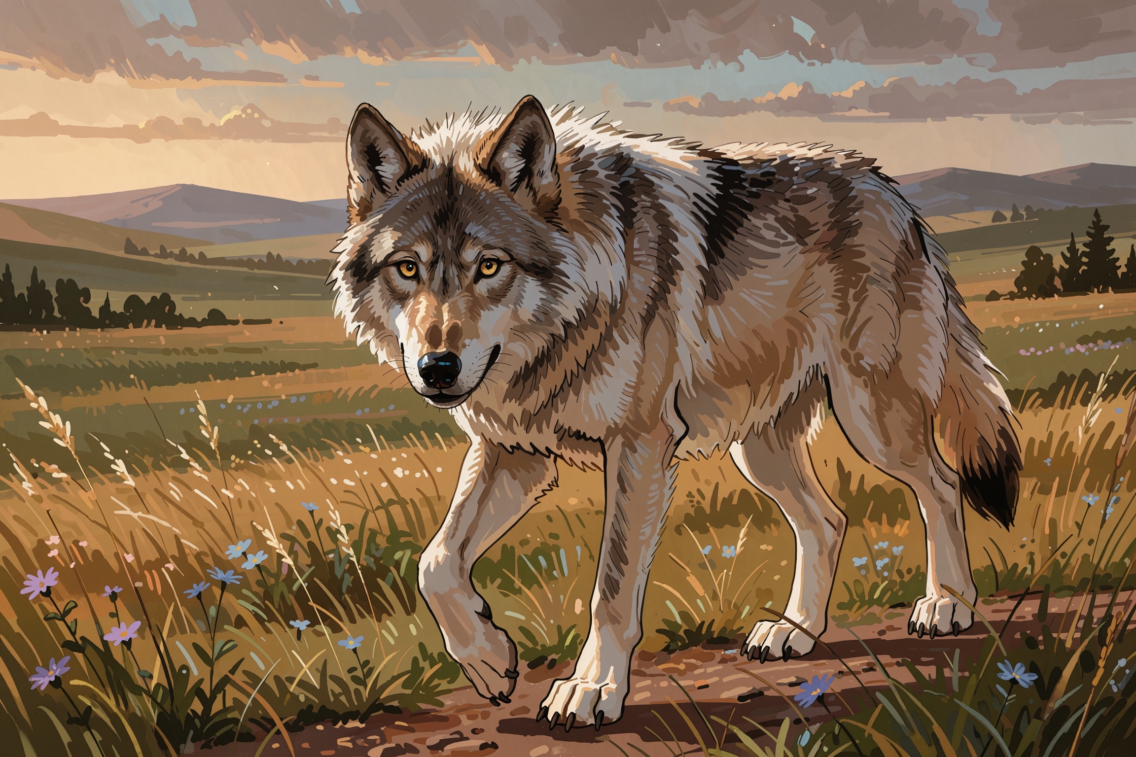 Vv.LXVIII - Radiant,  grey wolf walking through the beautiful open prairies,  the wolf is looking at the viewer on Tensor.Art