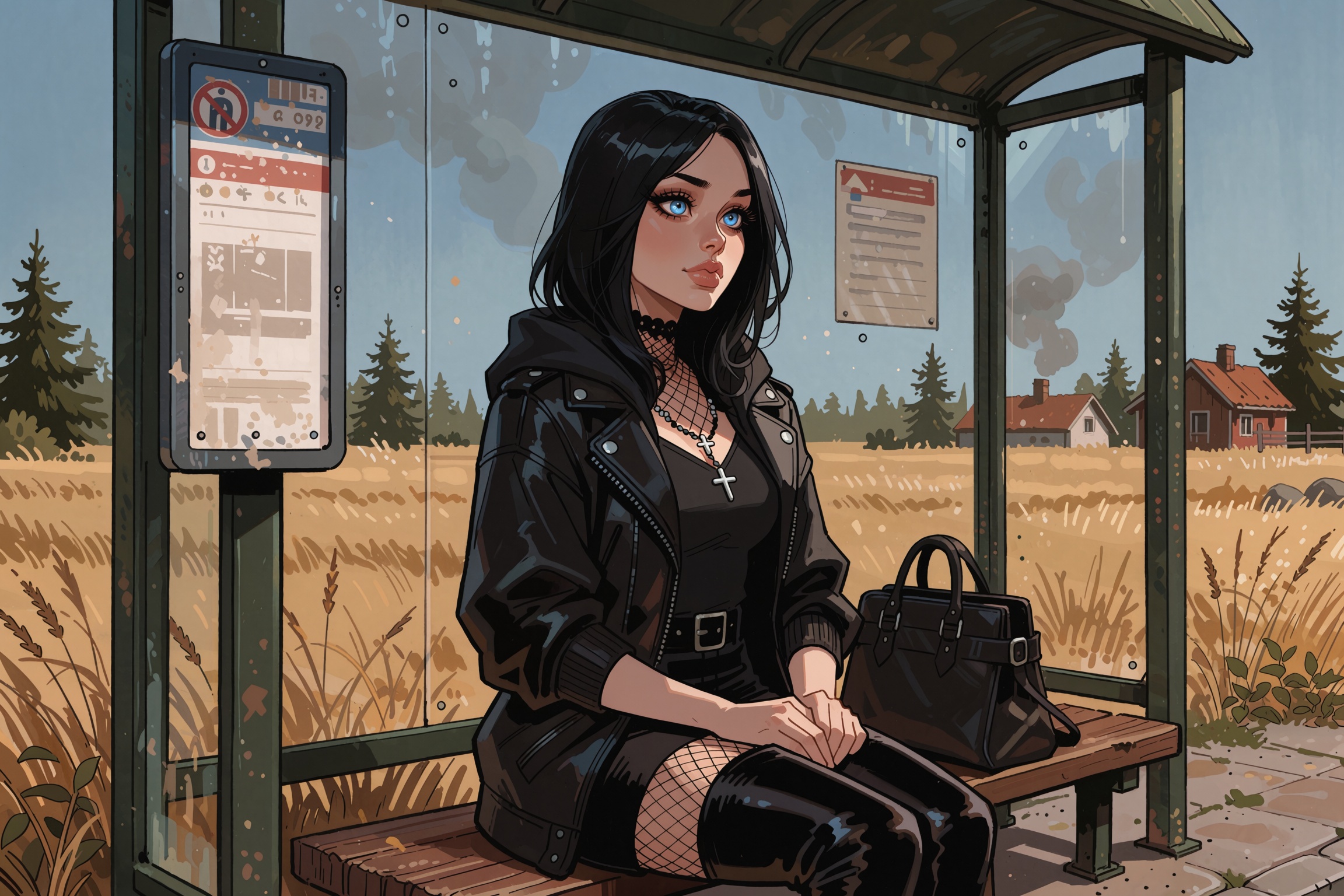 Vv.LXVIII - Radiant,  woman with black hair and baby blue eyes dressed in goth attire sitting at a bus stop in a rural are...