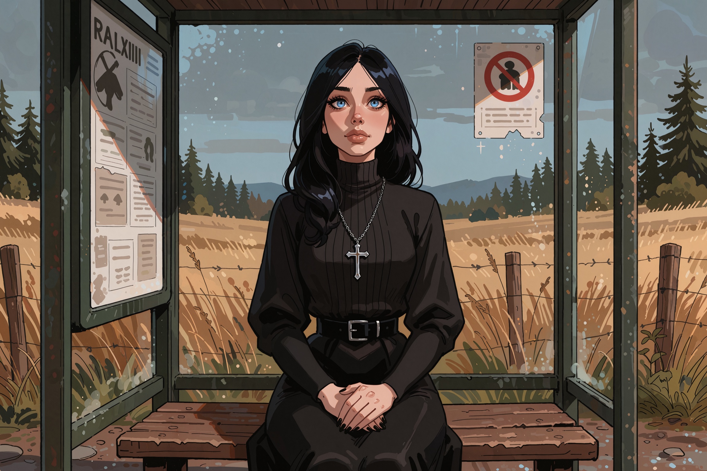Vv.LXVIII - Radiant,  woman with black hair and baby blue eyes dressed in goth attire sitting at a bus stop in a rural are...