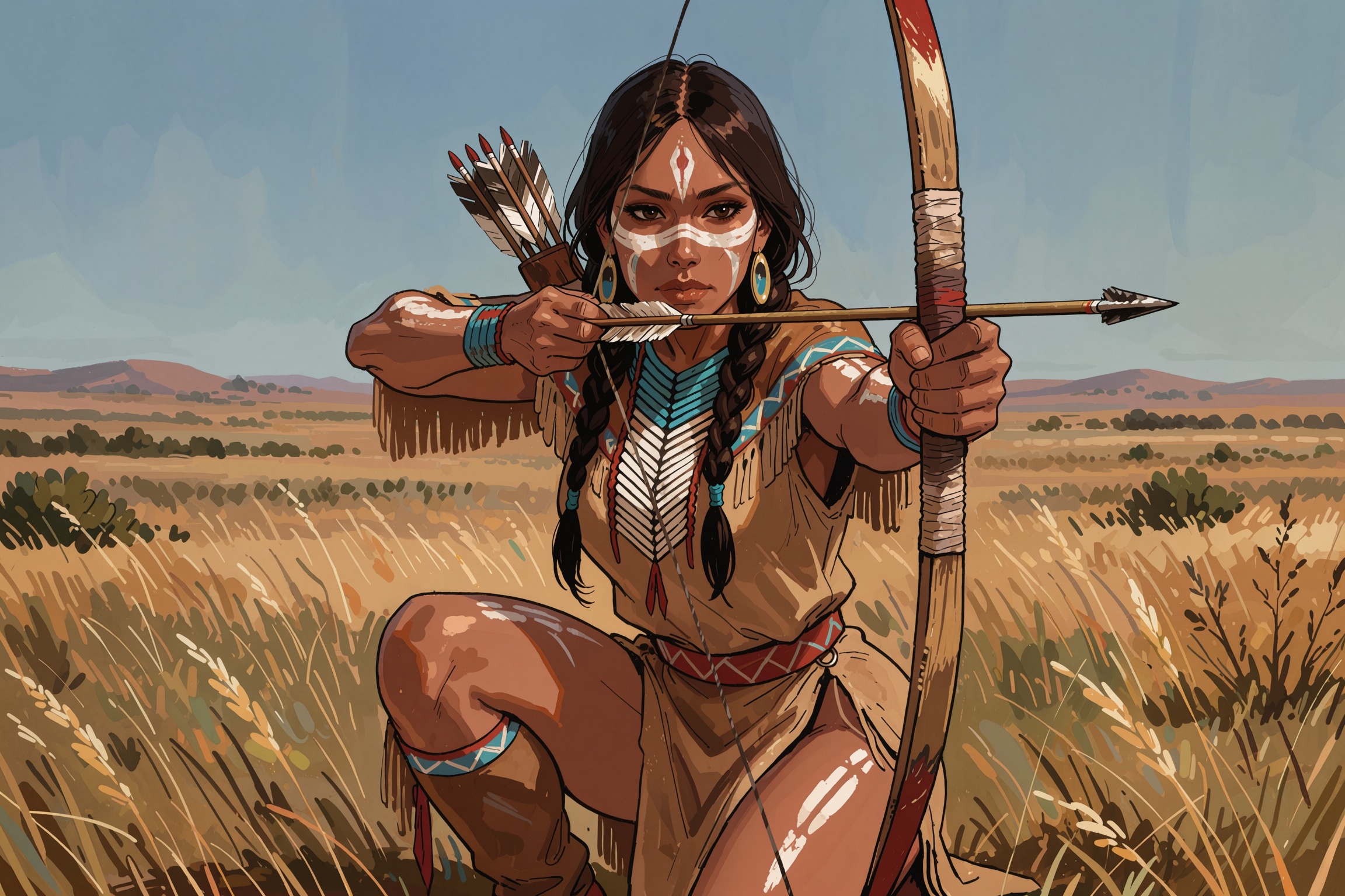 Vv.LXVIII - Radiant,  native aboriginal woman holding a bow and arrow,  she is crouched down on one knee on Tensor.Art