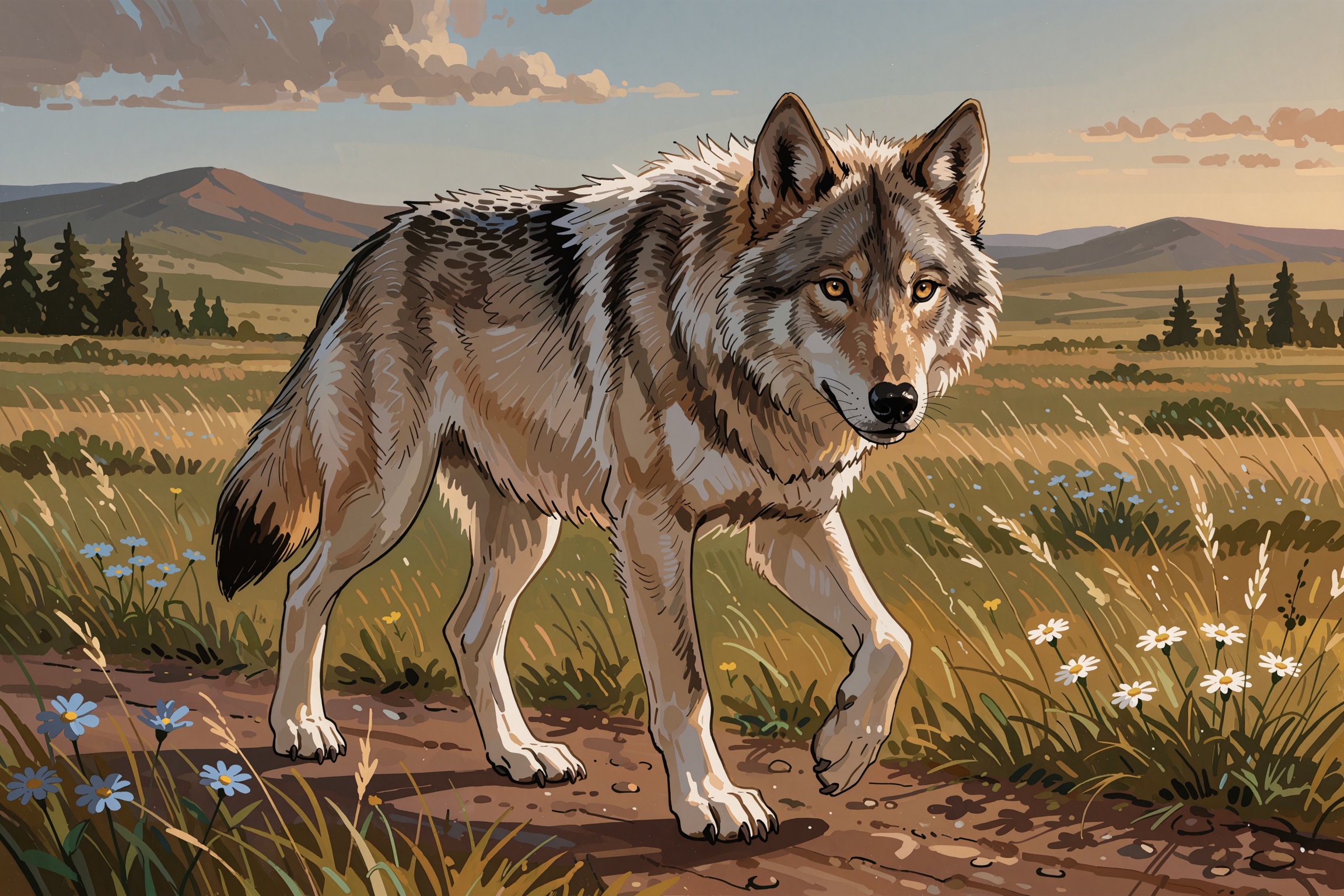 Vv.LXVIII - Radiant,  grey wolf walking through the beautiful open prairies,  the wolf is looking at the viewer on Tensor.Art