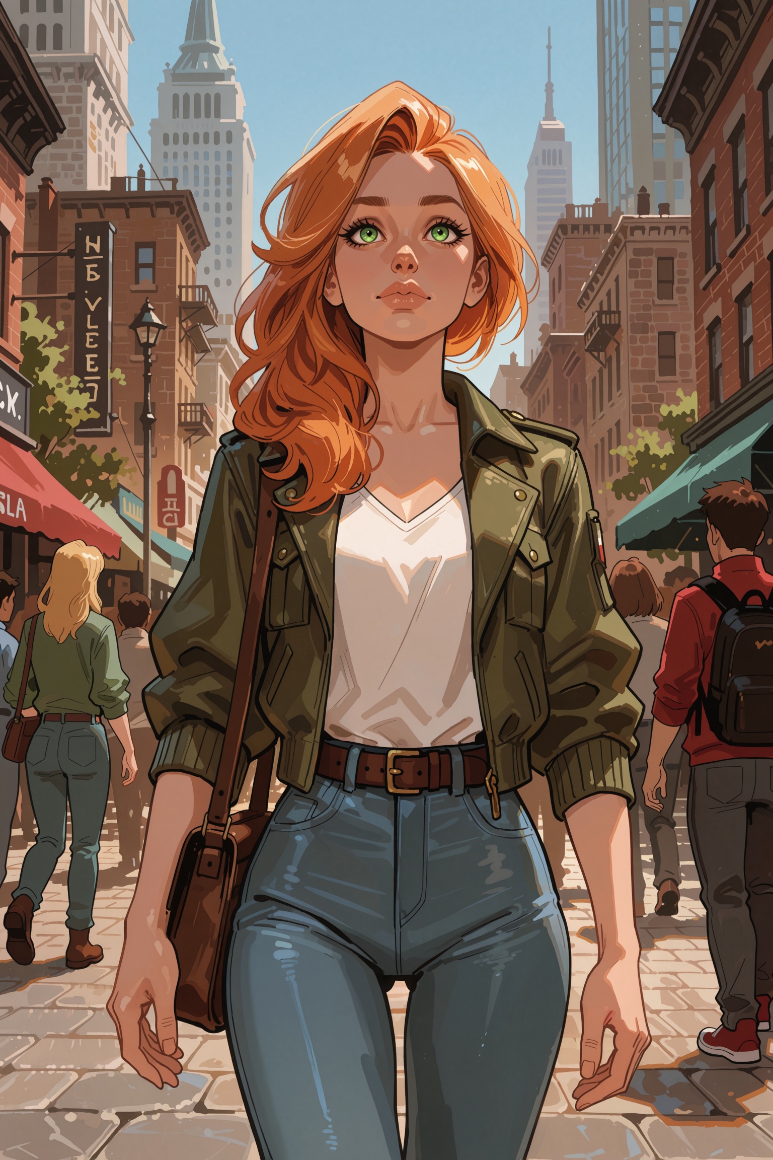Vv.LXVIII - Radiant,  woman with ginger hair and green eyes walking in a bustling city on Tensor.Art