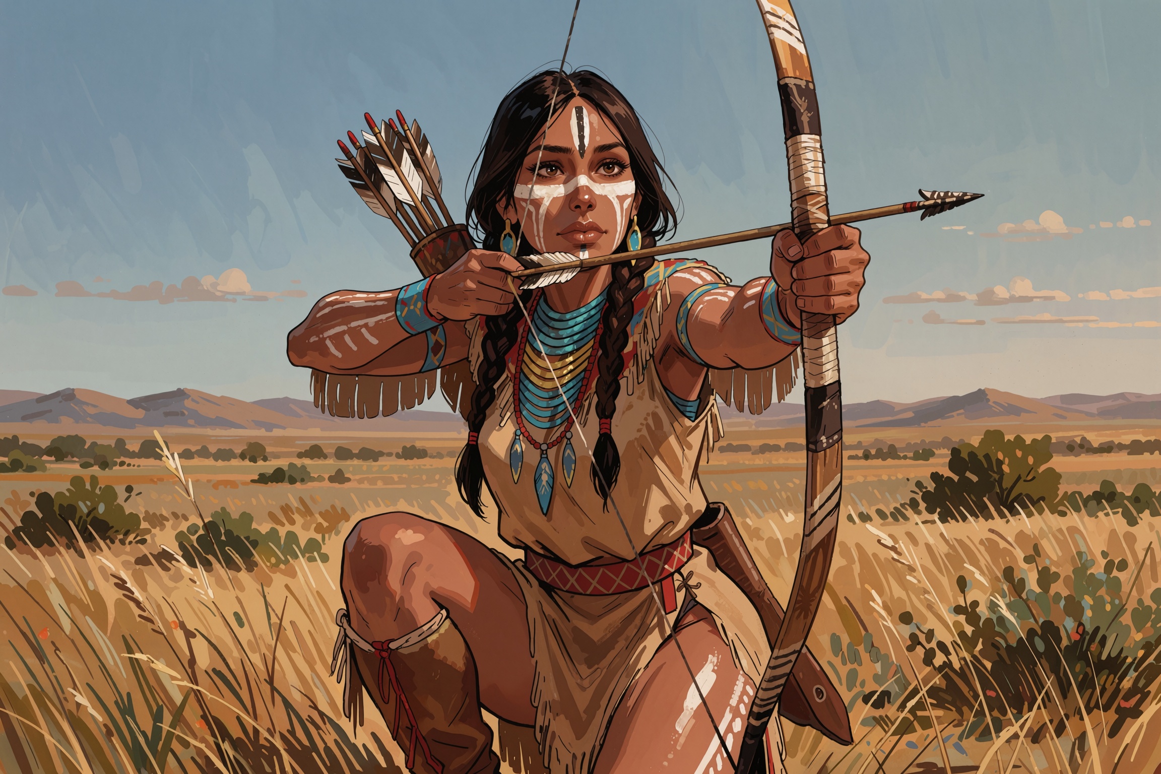 Vv.LXVIII - Radiant,  native aboriginal woman holding a bow and arrow,  she is crouched down on one knee on Tensor.Art