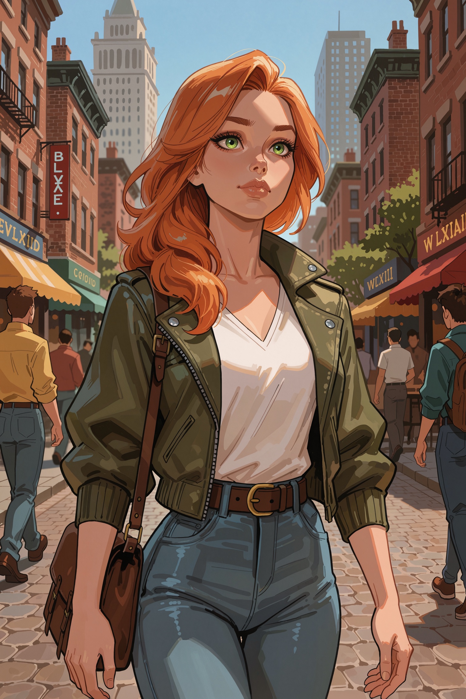 Vv.LXVIII - Radiant,  woman with ginger hair and green eyes walking in a bustling city on Tensor.Art