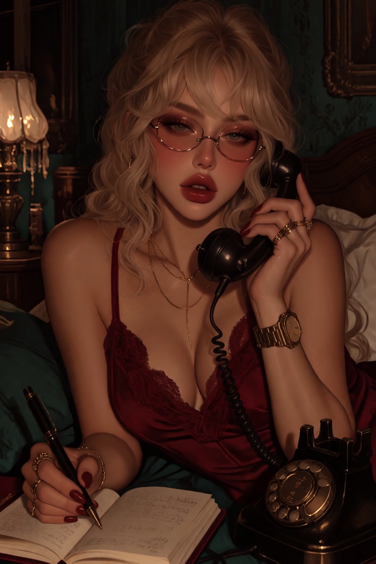 portrait of a young woman,  captured from eye level,  lying on her sides across a plush bed while holding a vintage rotary...