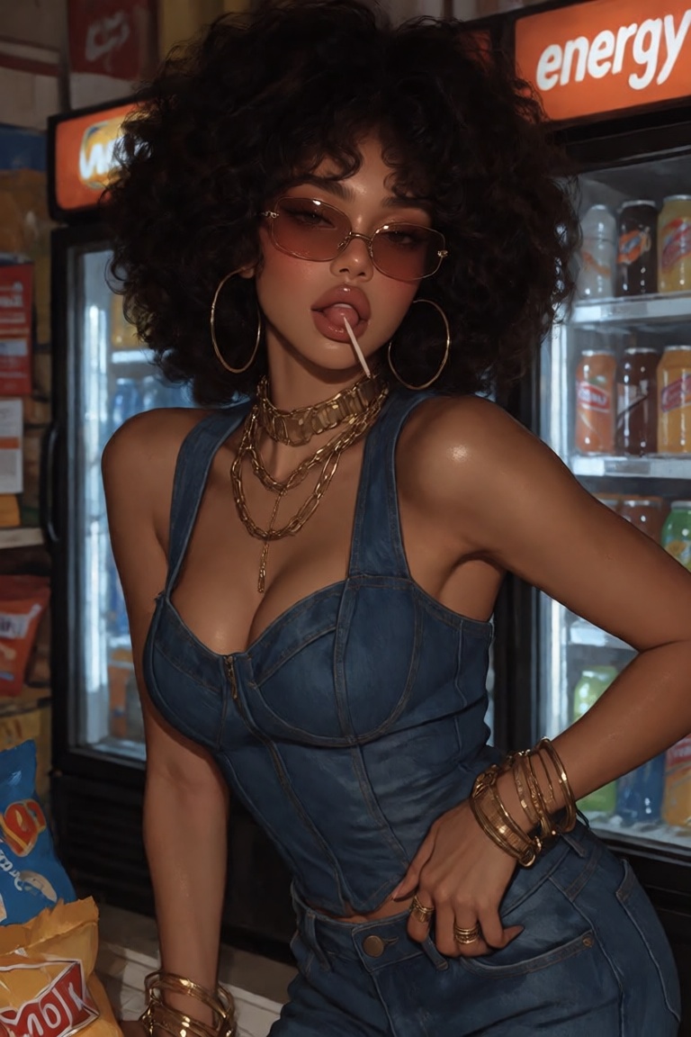 young woman with a full voluminous afro stands in front of a wall of glowing beverage coolers,  glancing off to the side w...