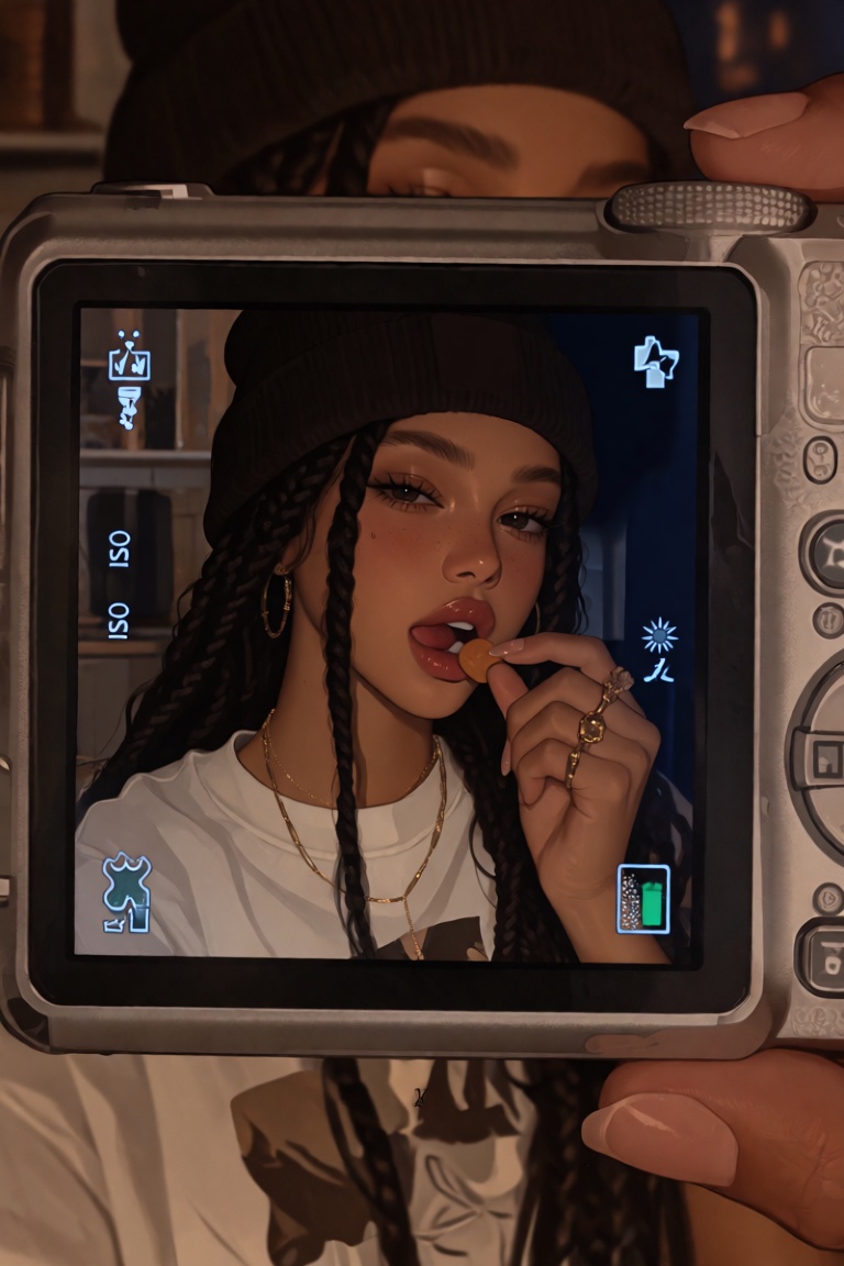 young woman with box braids peeking out from under a fitted beanie leans in close to a handheld digital camera,  captured...