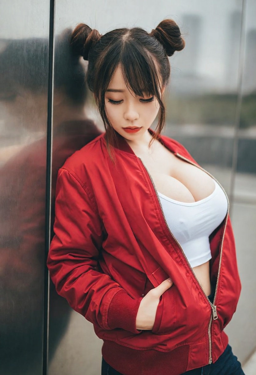 The young 18 years old big breasted deep cleavage sweaty woman leans casually against a sleek metal wall,  she is unzippin...