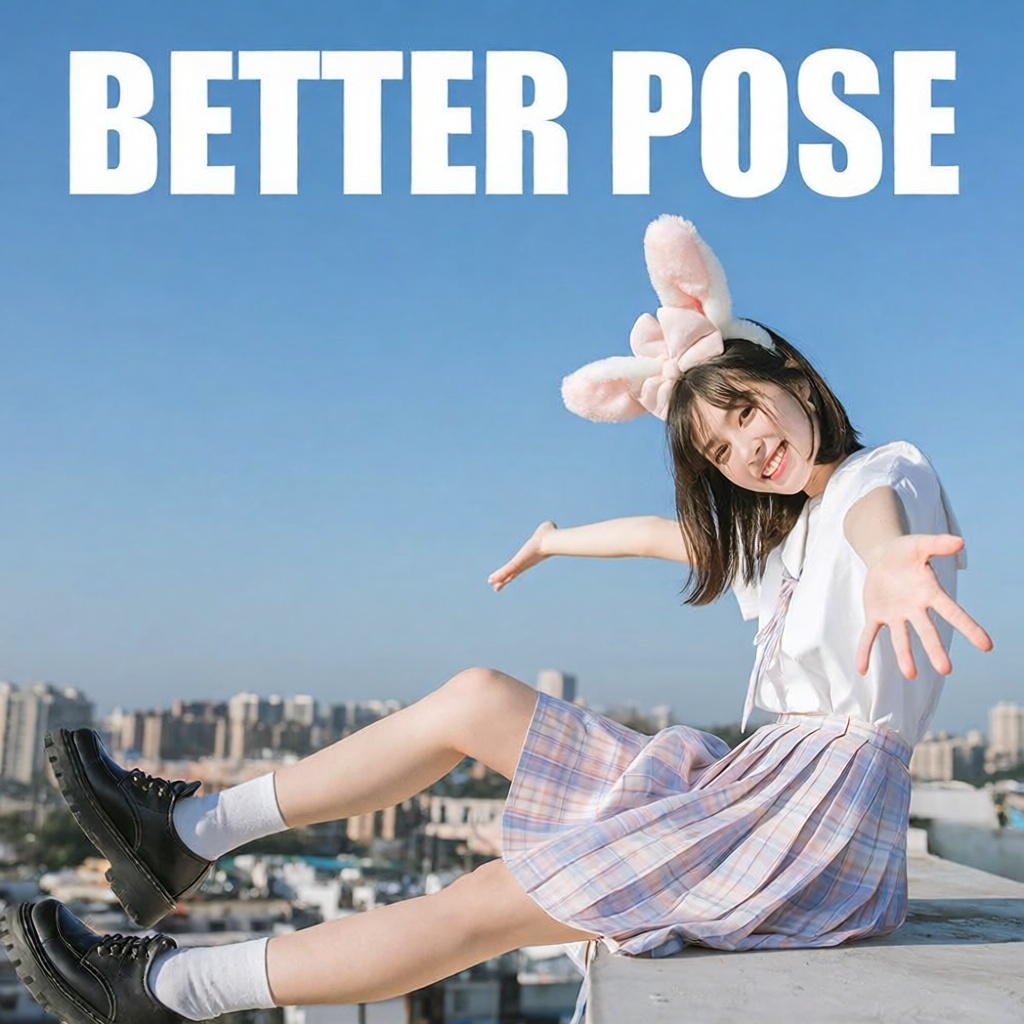 dynamic pose,  Imagine a rooftop setting where a young woman sits casually,  her school uniform consisting of a white blou...