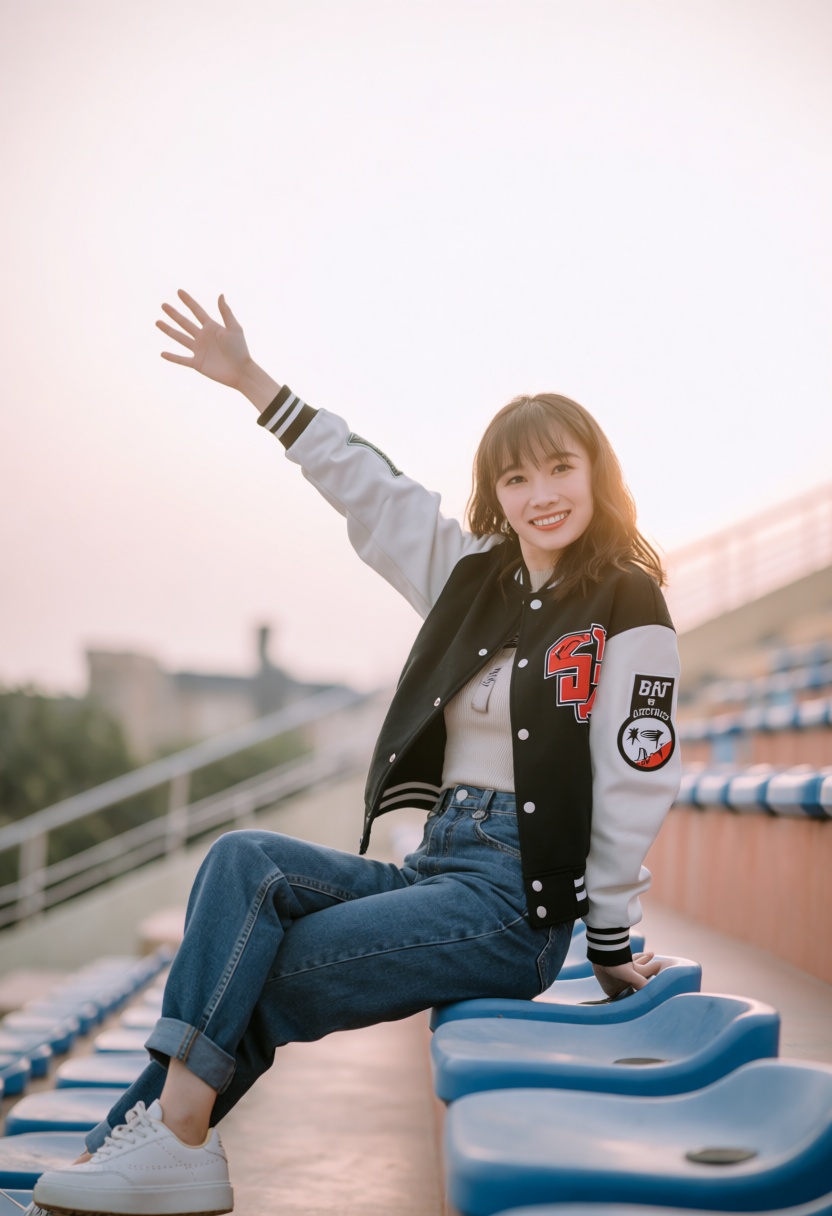 Photograph of a Vietnamese woman sitting on the bleachers in a stylish varsity jacket and high-waisted jeans,  smiling at...