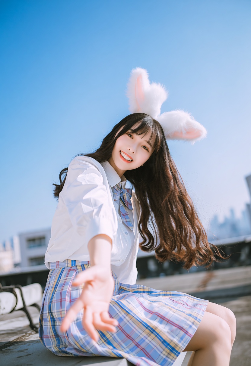 A woman with long,  flowing hair sits on a rooftop,  wearing a white blouse and a plaid skirt. She has bunny ears perched...