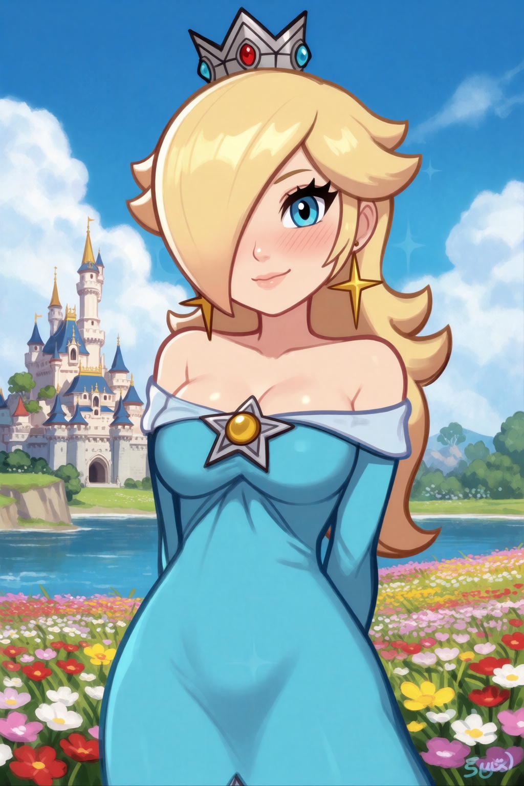 blushyspicy-new-style,  upper body shot,  she is standing shyly with her hands behind her back on Tensor.Art