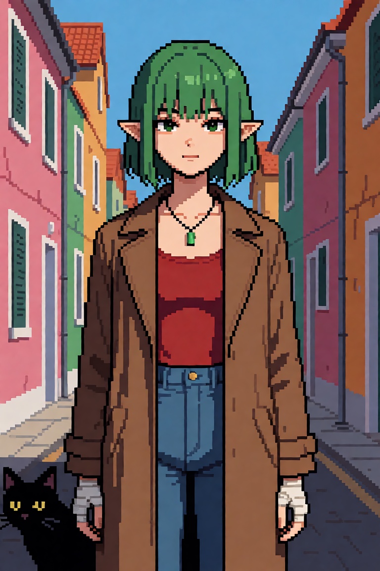 The image depicts a young woman with green hair and pointed ears,  dressed in a brown trench coat over a red top and blue...