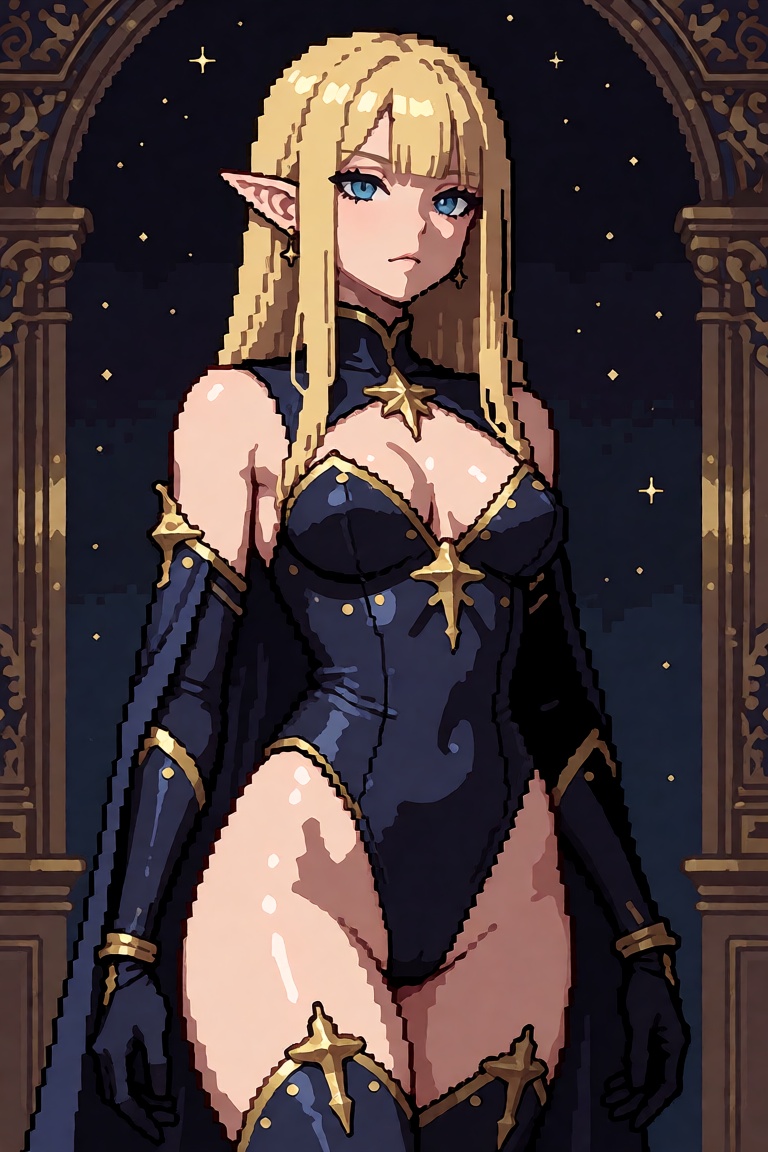 The image depicts a fantasy-themed character standing in an ornate,  gothic-style room. The character has long blonde hair...