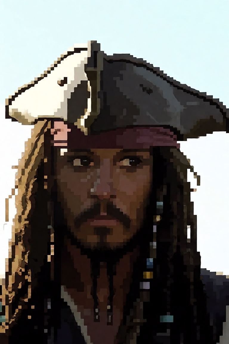 The image depicts a pixelated character wearing a distinctive pirate hat with two distinct colors: white and dark brown. T...